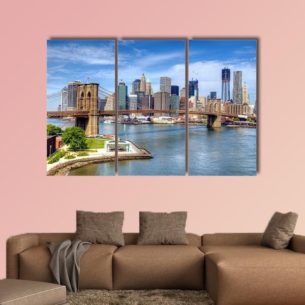 Brooklyn Bridge Lower Manhattan Canvas Wall Art-3 Horizontal-Gallery Wrap-37" x 24"-Tiaracle