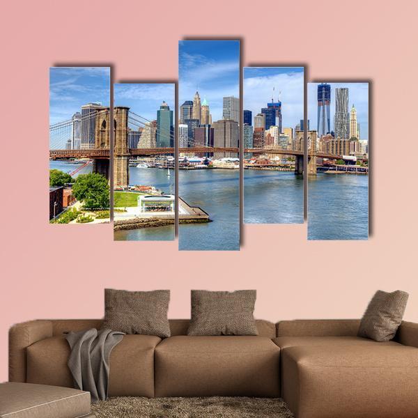 Brooklyn Bridge Lower Manhattan Canvas Wall Art-5 Pop-Gallery Wrap-47" x 32"-Tiaracle
