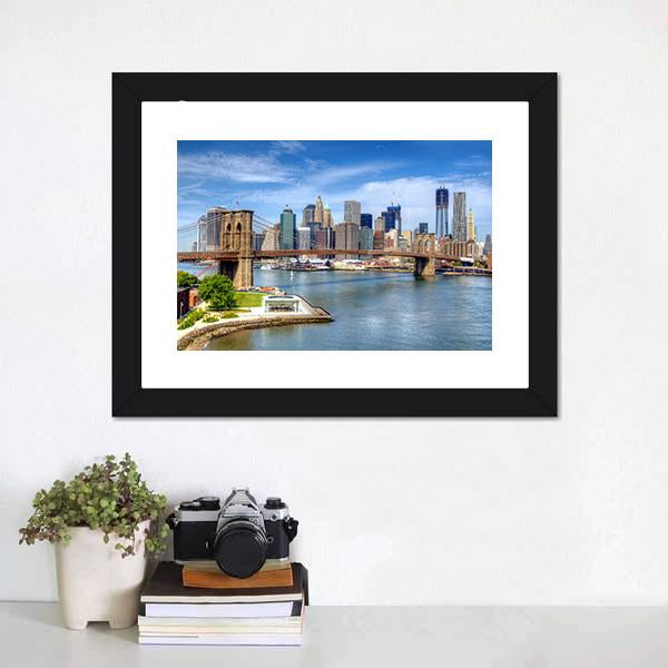 Brooklyn Bridge Lower Manhattan Canvas Wall Art-1 Piece-Framed Print-20" x 16"-Tiaracle