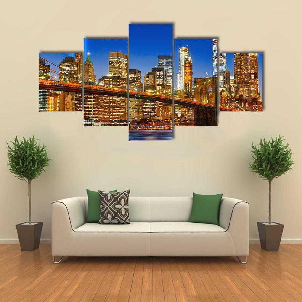 Brooklyn Bridge USA Canvas Wall Art-5 Star-Gallery Wrap-62" x 32"-Tiaracle
