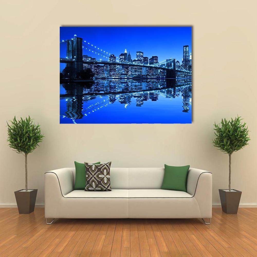 Brooklyn Bridge Night Skyline Canvas Wall Art in black, white and blue, single panel hung on a wall