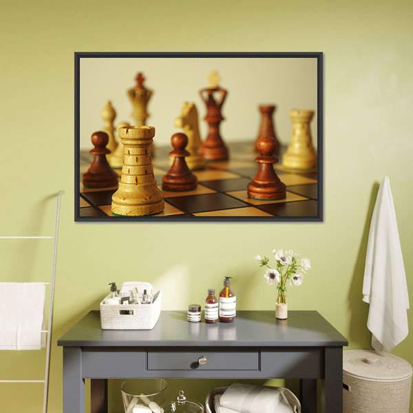 Brown Chess Pieces Canvas Wall Art-5 Horizontal-Gallery Wrap-22" x 12"-Tiaracle