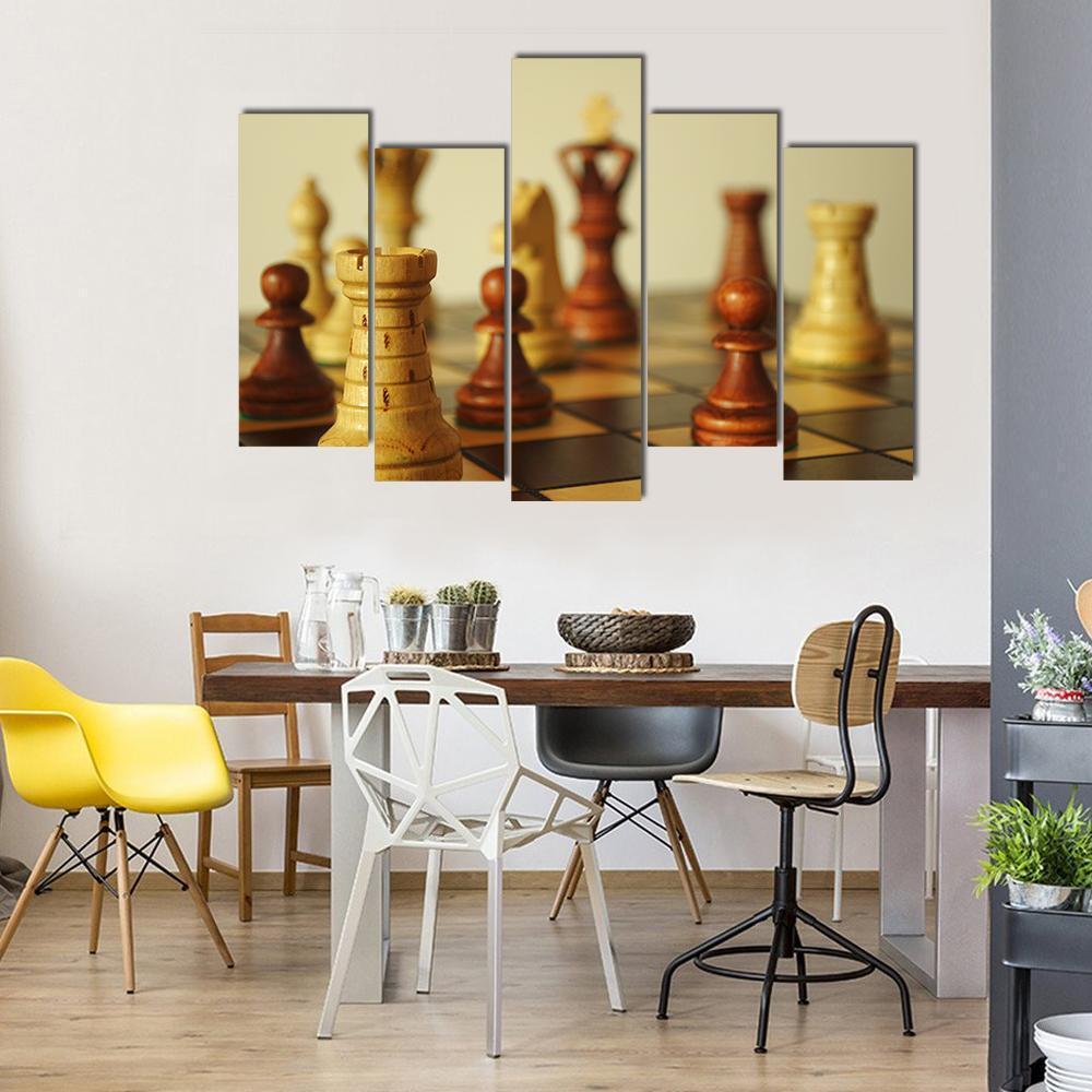 Brown Chess Pieces Canvas Wall Art-5 Pop-Gallery Wrap-47&quot; x 32&quot;-Tiaracle