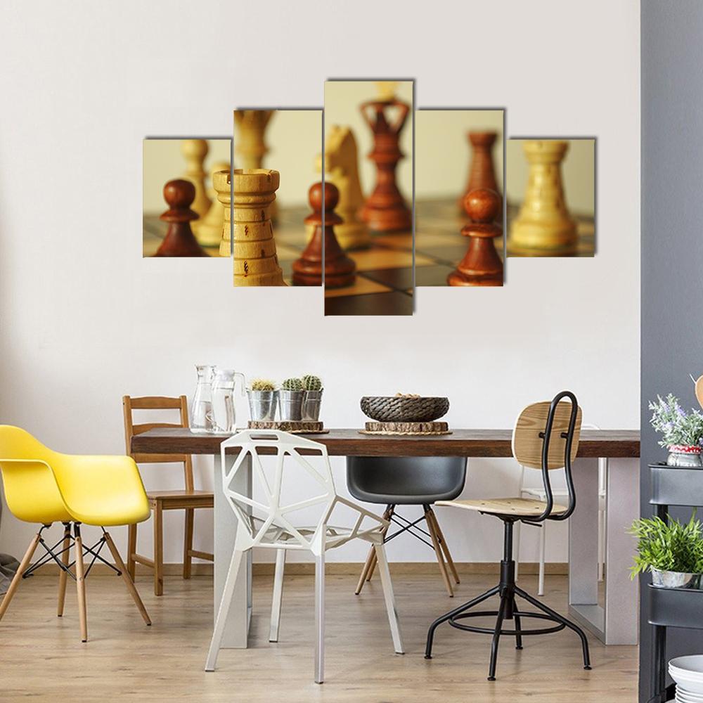 Brown Chess Pieces Canvas Wall Art-5 Star-Gallery Wrap-62&quot; x 32&quot;-Tiaracle
