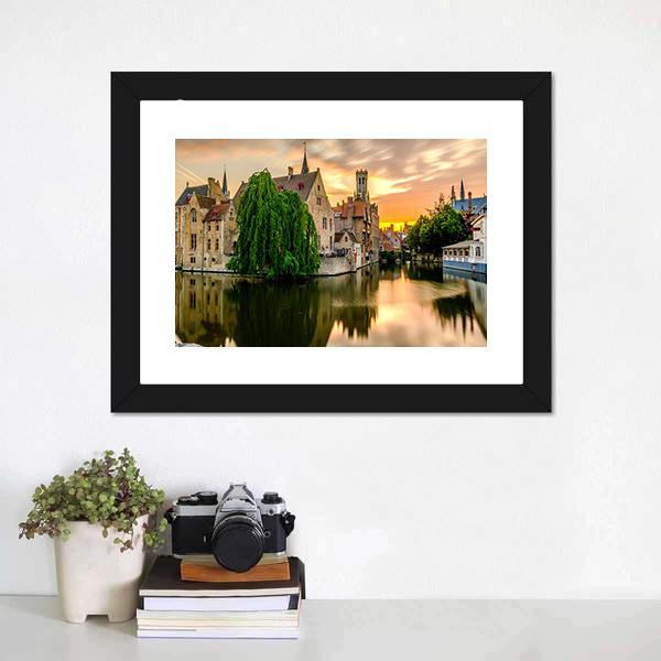 Bruges Cityscape With Canal Canvas Wall Art-1 Piece-Framed Print-20&quot; x 16&quot;-Tiaracle