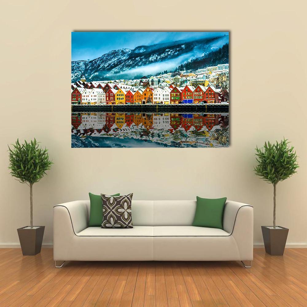 Bergen Waterfront in Winter Canvas Wall Art in white, blue and multicolor, single panel hung on a wall