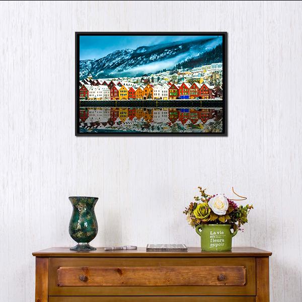 Bergen Waterfront in Winter Canvas Wall Art in white, blue and multicolor, framed canvas, product view on a white background