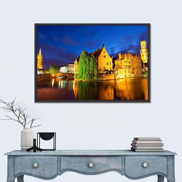 Bruges Town At Night Canvas Wall Art-1 Piece-Floating Frame-24" x 16"-Tiaracle