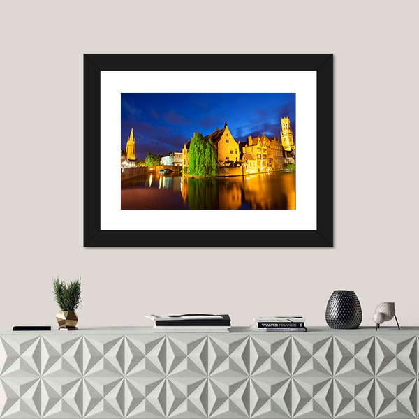 Bruges Town At Night Canvas Wall Art-1 Piece-Framed Print-20" x 16"-Tiaracle