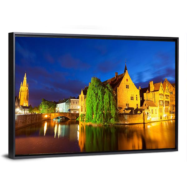 Bruges Town At Night Canvas Wall Art-3 Horizontal-Gallery Wrap-25" x 16"-Tiaracle