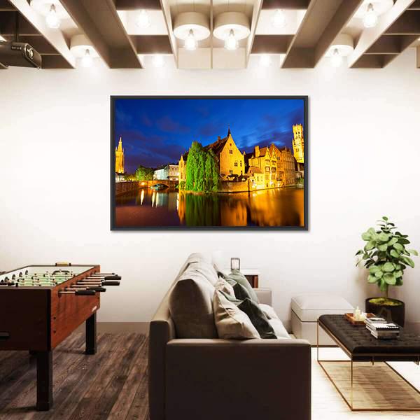 Bruges Town At Night Canvas Wall Art-3 Horizontal-Gallery Wrap-25" x 16"-Tiaracle