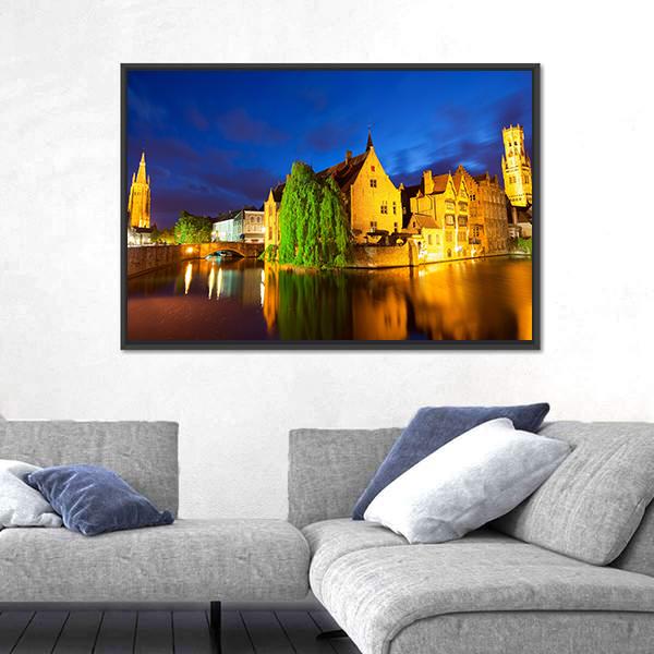 Bruges Town At Night Canvas Wall Art-3 Horizontal-Gallery Wrap-25" x 16"-Tiaracle