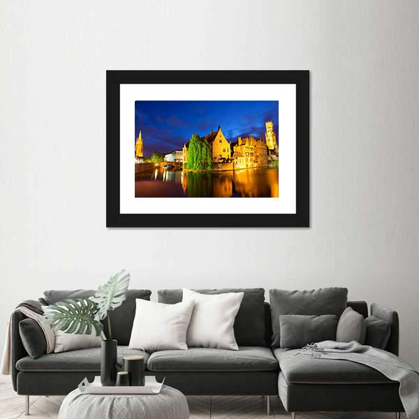 Bruges Town At Night Canvas Wall Art-3 Horizontal-Gallery Wrap-25" x 16"-Tiaracle