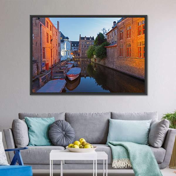 Bruges With Canal Canvas Wall Art-1 Piece-Floating Frame-24" x 16"-Tiaracle