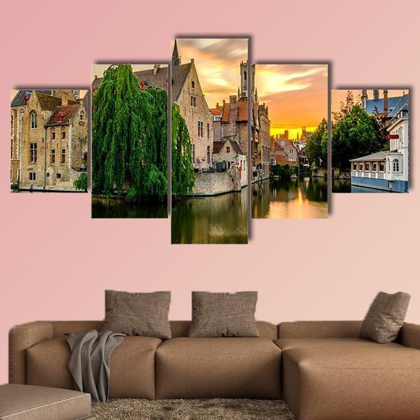Bruges Cityscape With Canal Canvas Wall Art-5 Star-Gallery Wrap-62&quot; x 32&quot;-Tiaracle