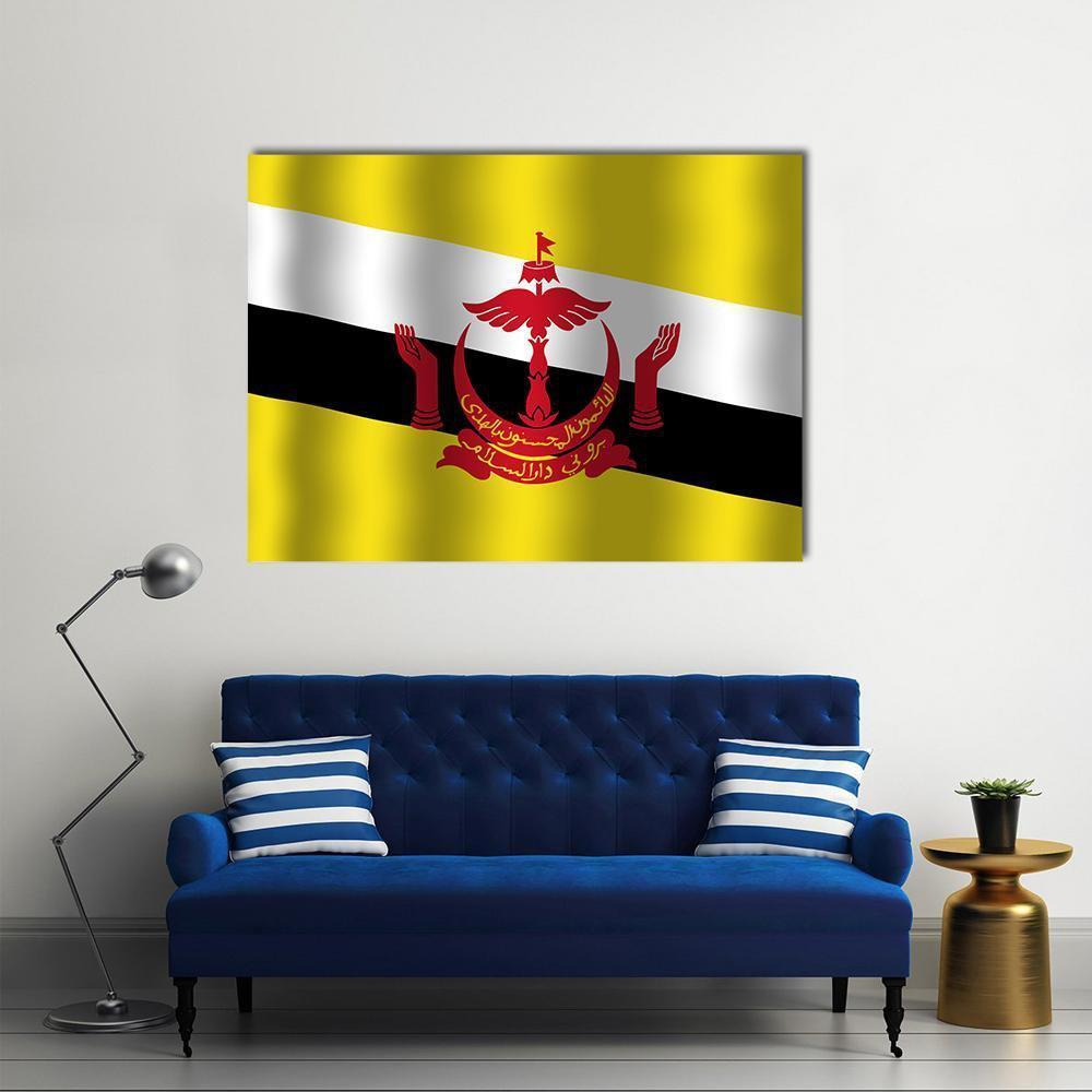 Brunei Flag with National Emblem Canvas Wall Art in black, white and yellow, single panel hung on a wall