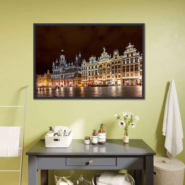 Brussels Grand Place Canvas Wall Art in black, gold and yellow, framed canvas, product view on a white background