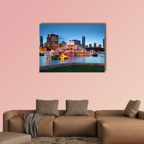 Buckingham Fountain, Chicago Skyline Canvas Wall Art in orange and blue, single panel hung on a wall