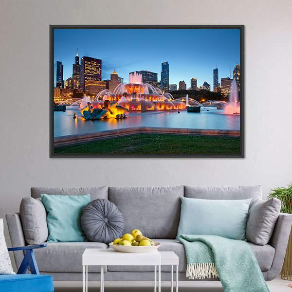 Buckingham Fountain Chicago Canvas Wall Art-1 Piece-Floating Frame-24" x 16"-Tiaracle