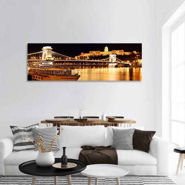Budapest &amp; Chain Bridge Panoramic Canvas Wall Art-1 Piece-36" x 12"-Tiaracle