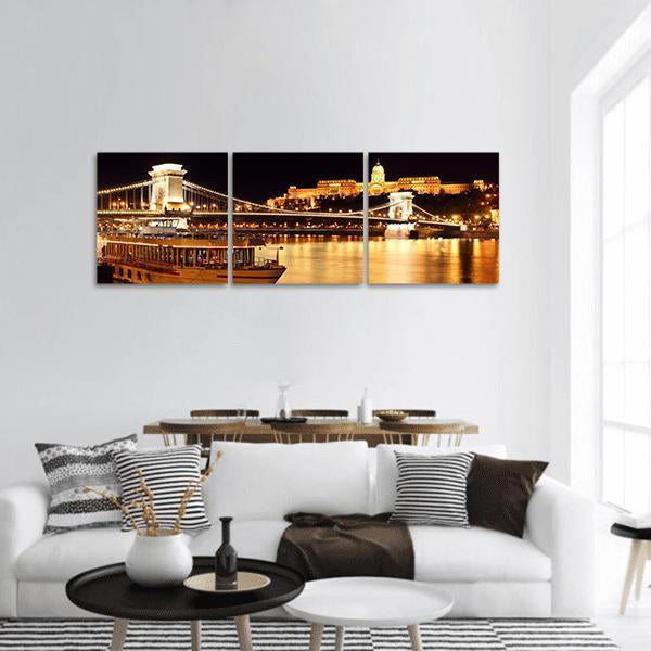 Széchenyi Chain Bridge, Budapest Panoramic Canvas Wall Art in black, gold and yellow, hung on a wall