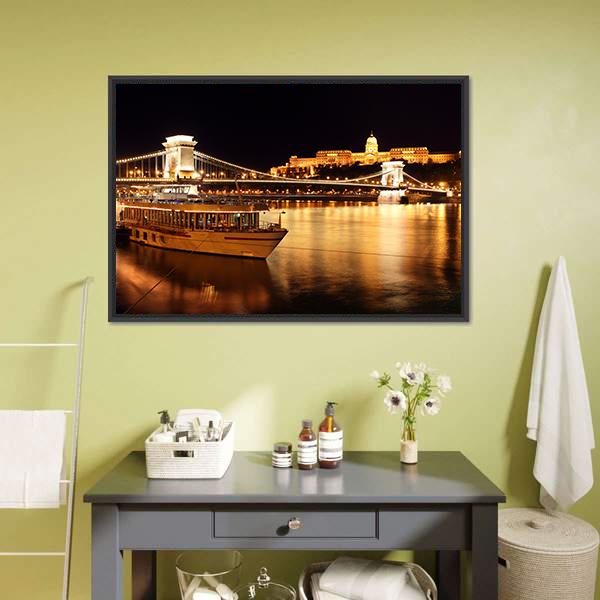 Budapest &amp; Chain Bridge Panoramic Canvas Wall Art-1 Piece-36" x 12"-Tiaracle
