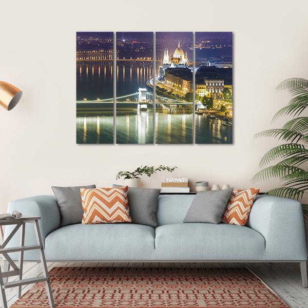 Budapest City At Night Canvas Wall Art-4 Horizontal-Gallery Wrap-34" x 24"-Tiaracle