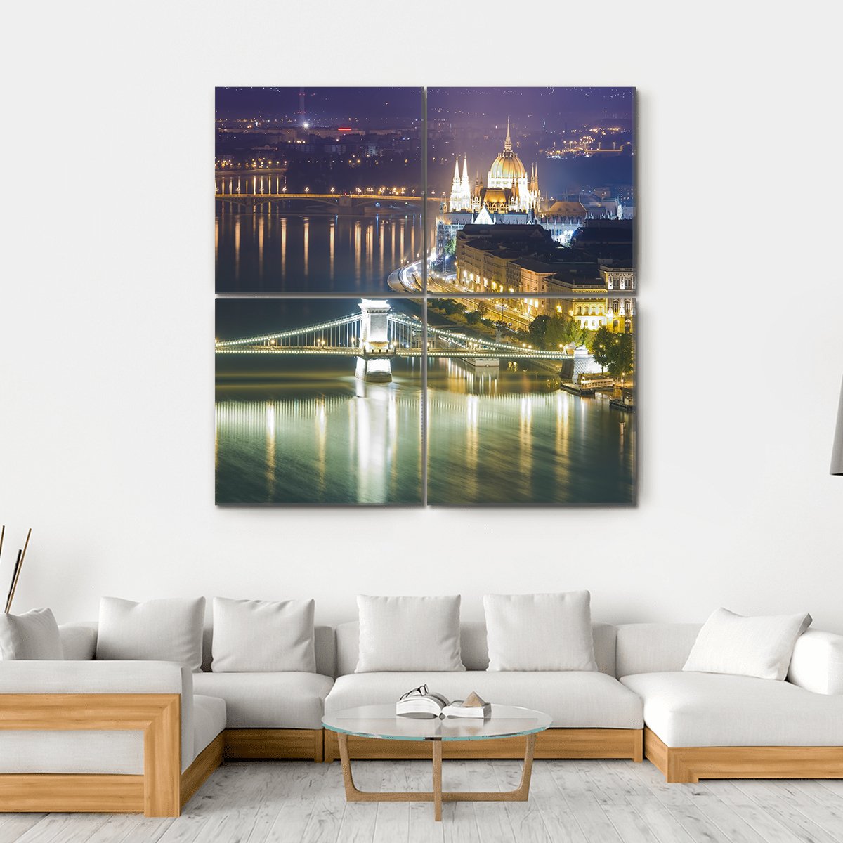 Budapest City At Night Canvas Wall Art-4 Square-Gallery Wrap-17" x 17"-Tiaracle
