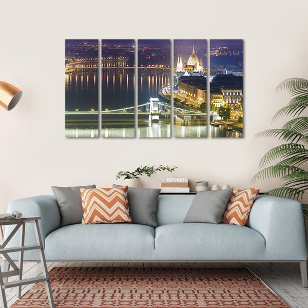 Budapest City At Night Canvas Wall Art-5 Horizontal-Gallery Wrap-22" x 12"-Tiaracle