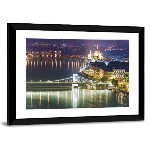 Budapest City At Night Canvas Wall Art-5 Horizontal-Gallery Wrap-22" x 12"-Tiaracle