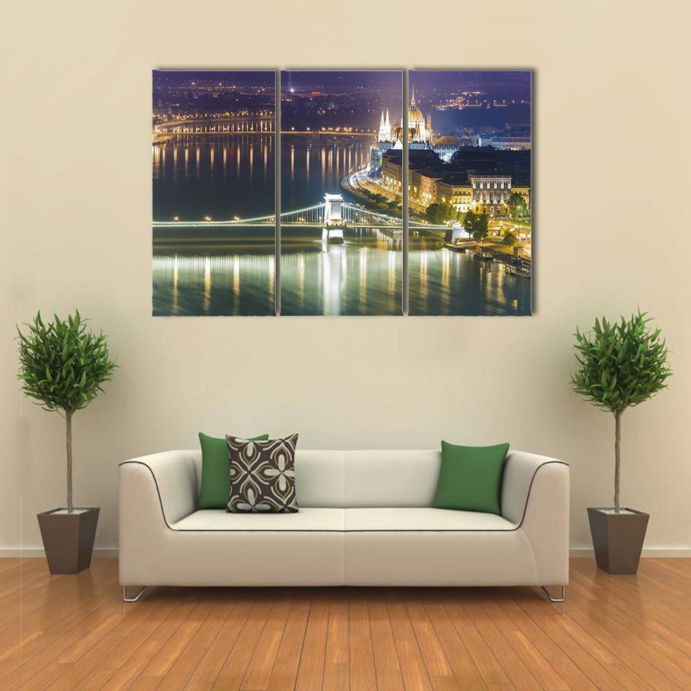Budapest City At Night Canvas Wall Art-3 Horizontal-Gallery Wrap-37" x 24"-Tiaracle