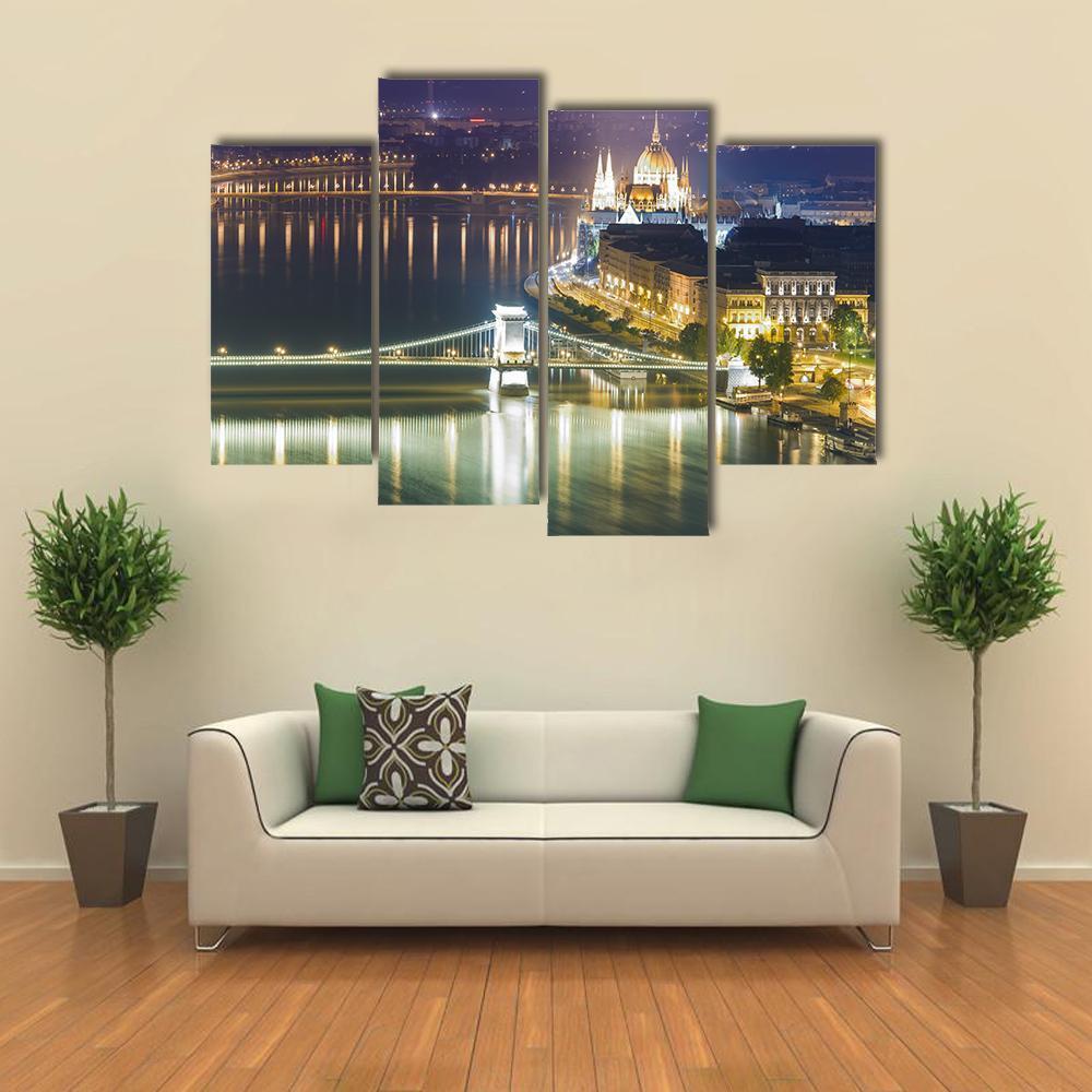 Budapest City At Night Canvas Wall Art-4 Pop-Gallery Wrap-50" x 32"-Tiaracle
