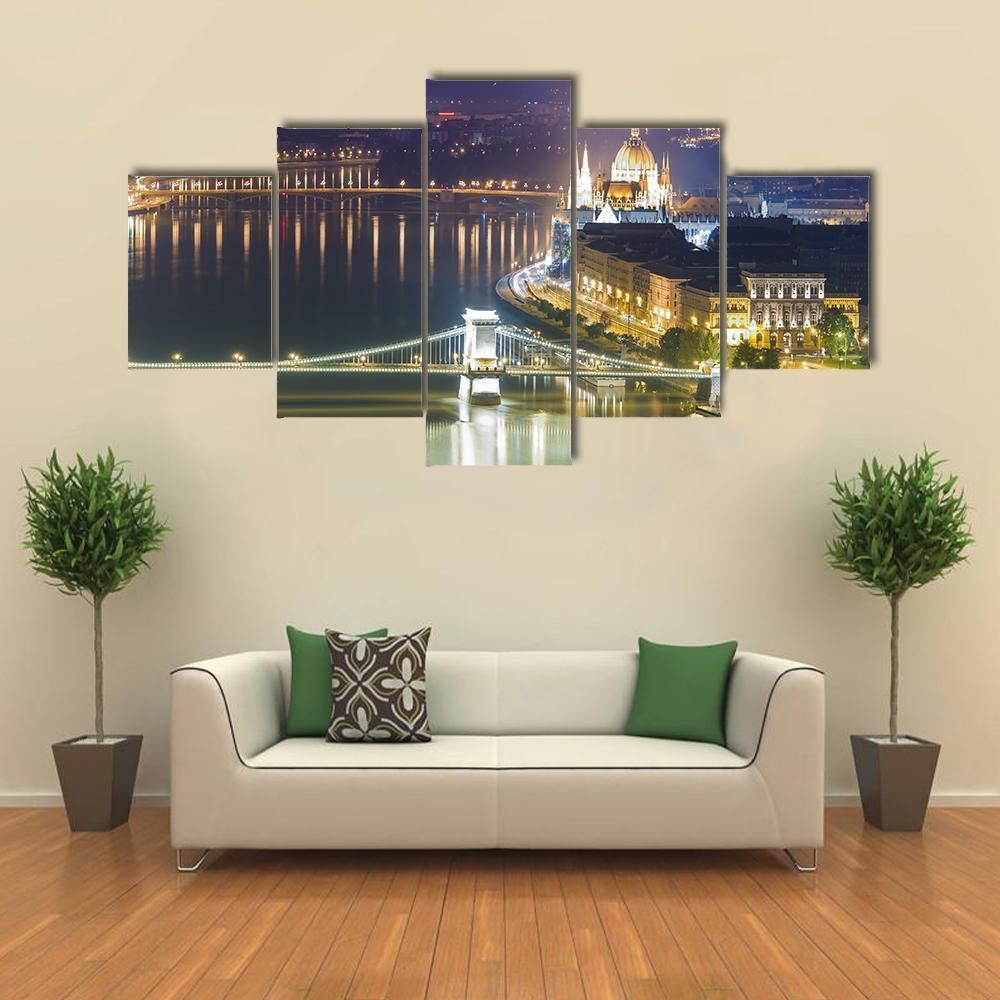 Budapest City At Night Canvas Wall Art-5 Star-Gallery Wrap-62" x 32"-Tiaracle