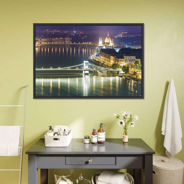 Budapest City At Night Canvas Wall Art-3 Horizontal-Gallery Wrap-25" x 16"-Tiaracle