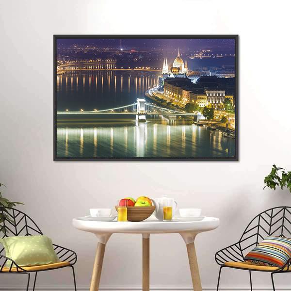 Budapest City At Night Canvas Wall Art-3 Horizontal-Gallery Wrap-25" x 16"-Tiaracle