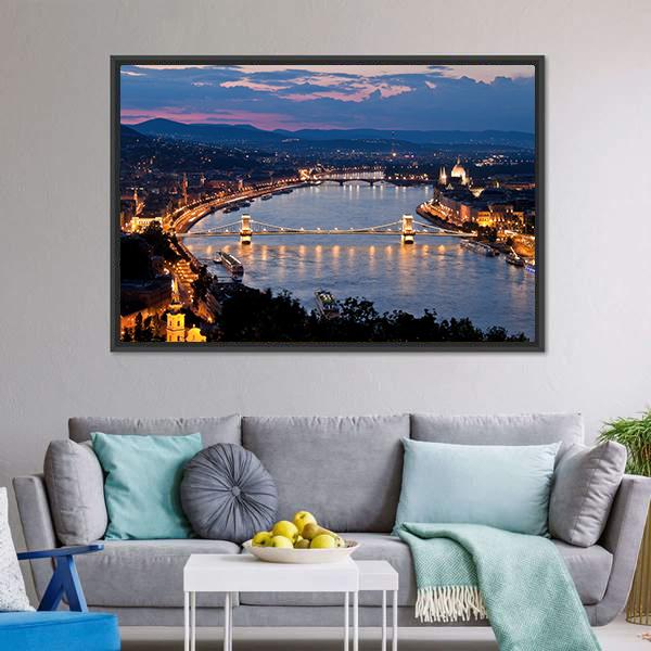Budapest City Skyline at Night Canvas Wall Art in yellow, blue and navy, framed canvas, product view on a white background