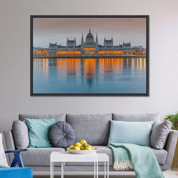 Budapest Parliament At Dusk Panoramic Canvas Wall Art-1 Piece-36" x 12"-Tiaracle