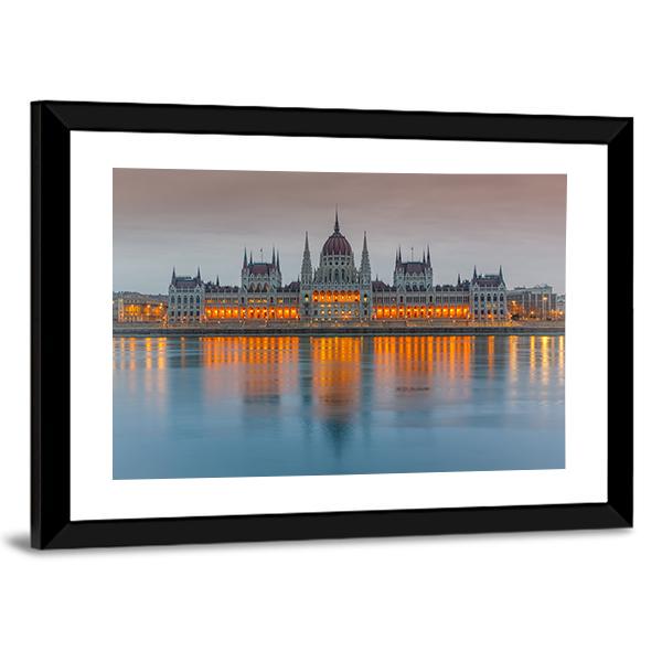 Budapest Parliament At Dusk Panoramic Canvas Wall Art-1 Piece-36" x 12"-Tiaracle