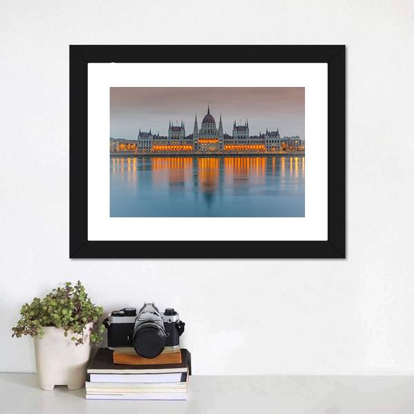 Budapest Parliament At Dusk Panoramic Canvas Wall Art-1 Piece-36" x 12"-Tiaracle