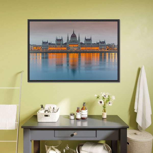 Budapest Parliament At Dusk Panoramic Canvas Wall Art-1 Piece-36" x 12"-Tiaracle