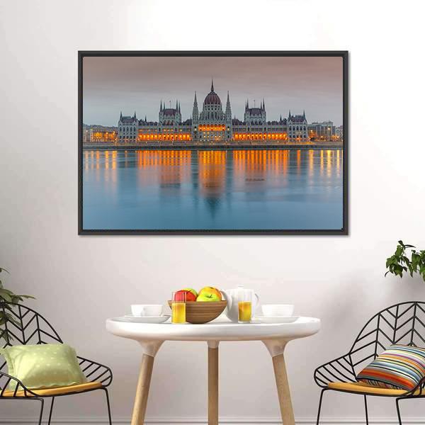 Budapest Parliament At Dusk Panoramic Canvas Wall Art-1 Piece-36" x 12"-Tiaracle