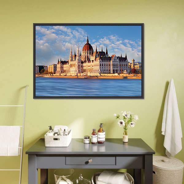 Budapest Parliament In Hungary Canvas Wall Art-1 Piece-Floating Frame-36" x 24"-Tiaracle