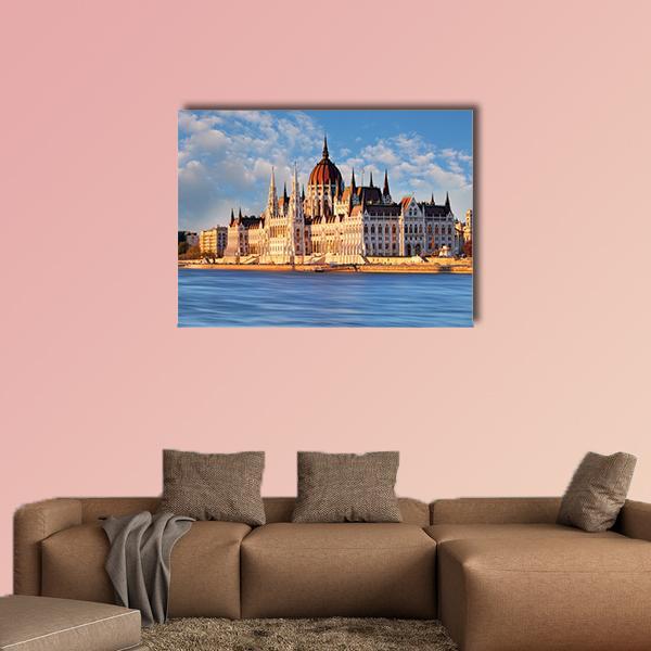 Hungarian Parliament Building, Budapest Canvas Wall Art in white, beige and blue, single panel hung on a wall