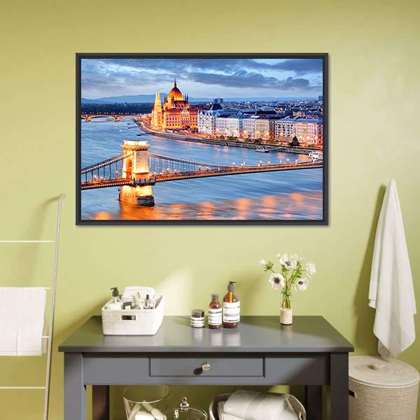 Budapest With Chain Bridge Canvas Wall Art-1 Piece-Floating Frame-36" x 24"-Tiaracle