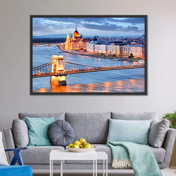 Budapest With Chain Bridge Canvas Wall Art-5 Horizontal-Gallery Wrap-22" x 12"-Tiaracle