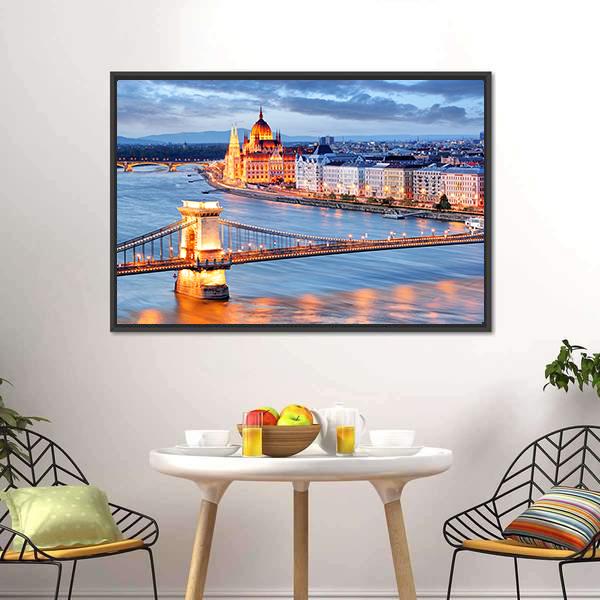Budapest With Chain Bridge Canvas Wall Art-3 Horizontal-Gallery Wrap-25" x 16"-Tiaracle