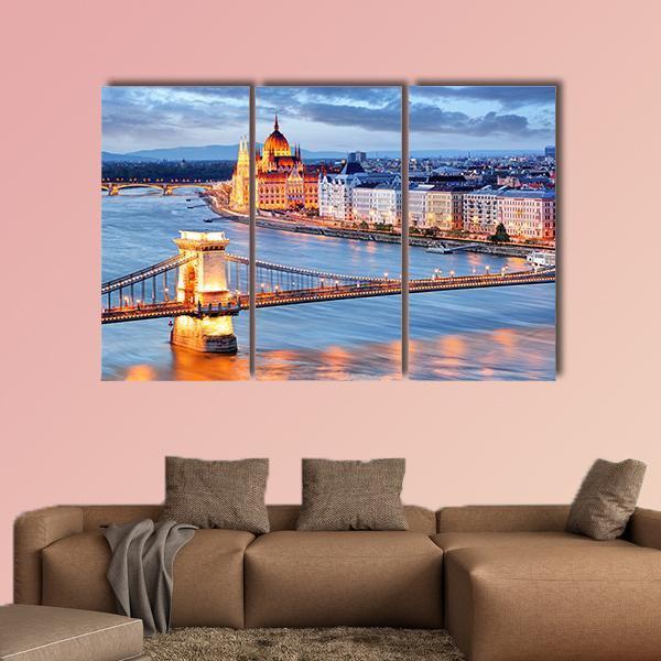 Budapest With Chain Bridge Canvas Wall Art-3 Horizontal-Gallery Wrap-25" x 16"-Tiaracle