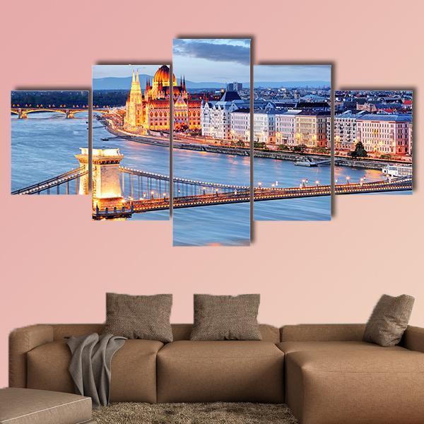 Budapest With Chain Bridge Canvas Wall Art-5 Star-Gallery Wrap-62" x 32"-Tiaracle
