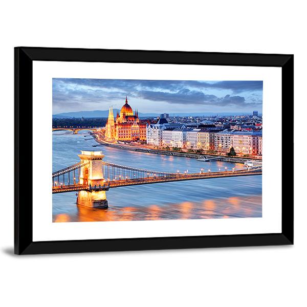 Budapest With Chain Bridge Canvas Wall Art-3 Horizontal-Gallery Wrap-25" x 16"-Tiaracle