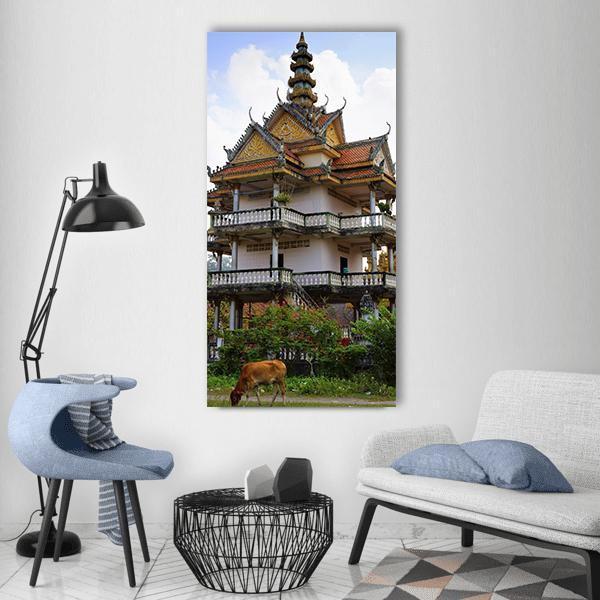 Buddhist Temple in China Vertical Canvas Wall Art in gray, beige and blue, single vertical panel hung on a wall